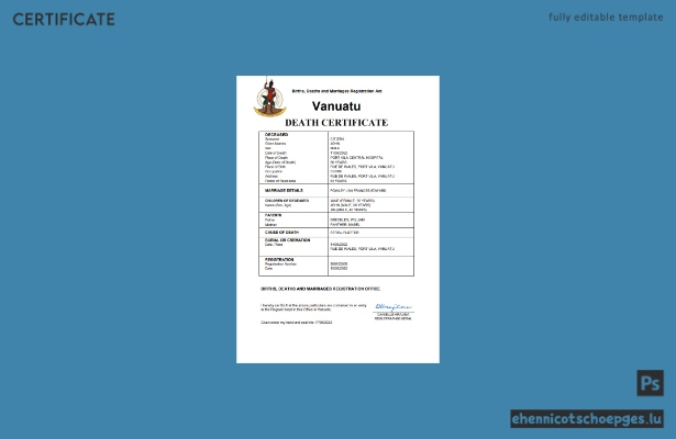 Vanuatu-Sterbeurkunde: Beispielansicht in Word und PDF